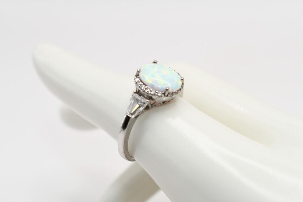 Sterling 925 Faux Opal Ring Size 7 Oval Halo Setting